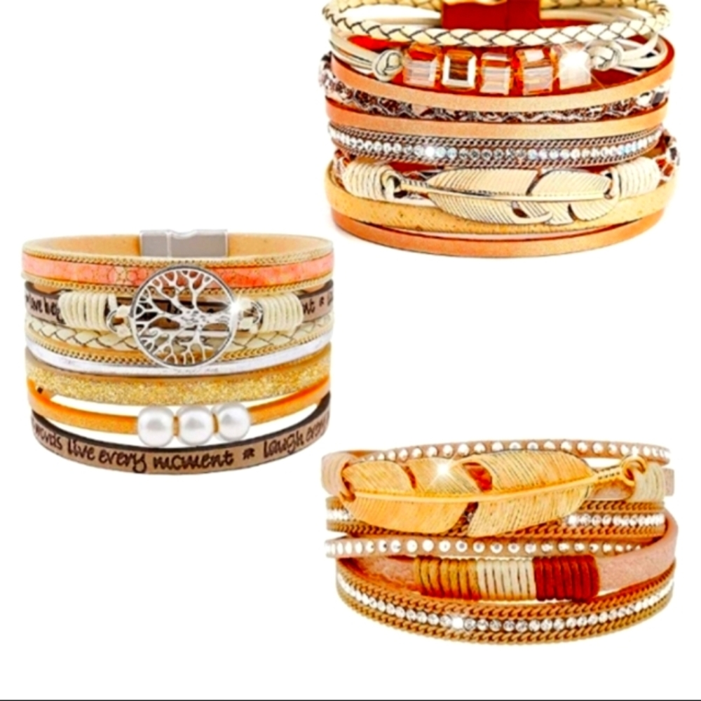Beautiful Boho Chic Leather Wrapped Charm Bracelets Set of 3 NWT